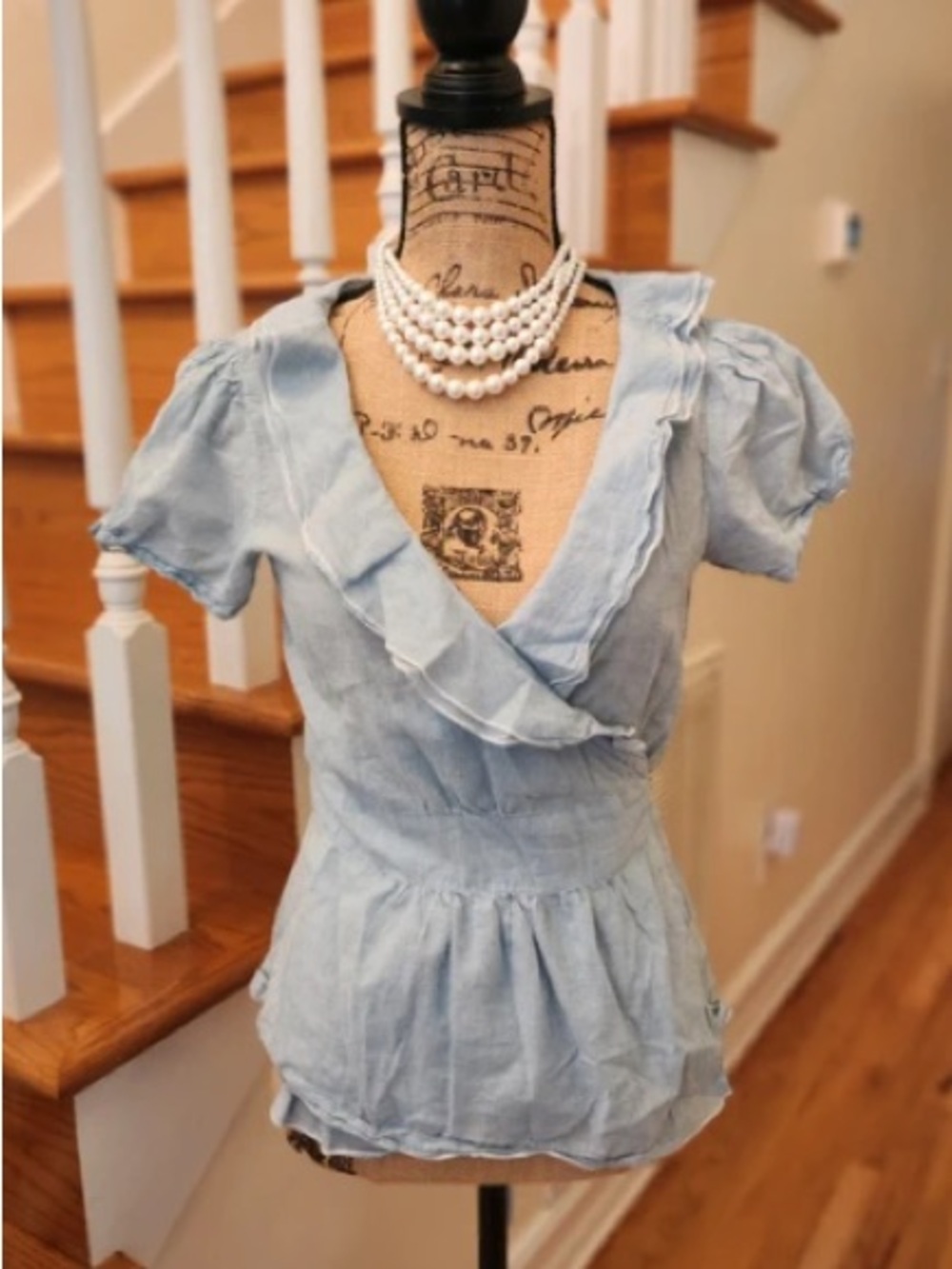 Light Blue Ruffle-Trim Wrap Blouse